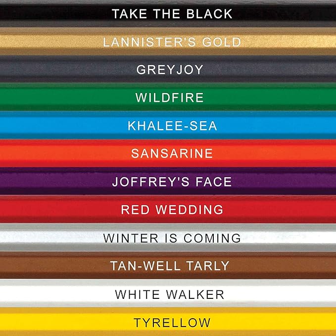 Game of Tones Colored Pencil Set for Fans of Game of Thrones | Set of 12 Parody Pencils | Each Color Pencil is Foil-Stamped with Clever Show References | Great Gift for Fans