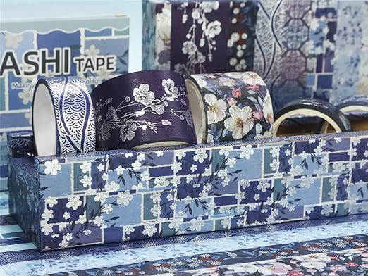 YUBX Elegance Blue Washi Tape Set 8 Rolls Wide Silver Embellishment Decorative Masking Tapes for Arts, DIY Crafts, Journals, Planners, Scrapbook, Wrapping