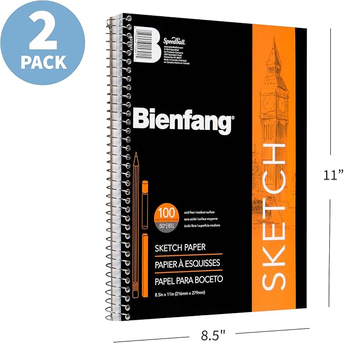 Bienfang Sketch Pad 8.5x11 Inch, (2-Pack) 100 Sheets of 60lb 90gsm Art Paper, Spiral Bound Sketch Book Drawing Notebook