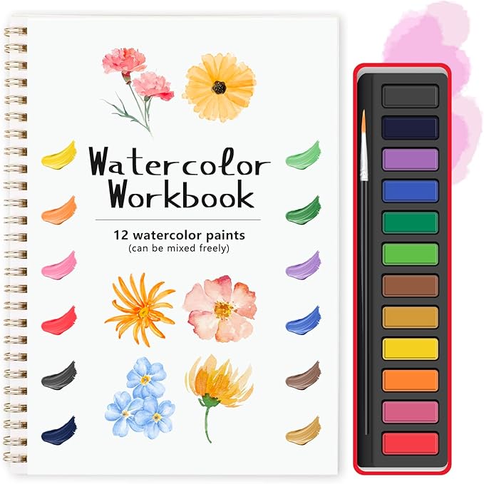 TLM Beautiful Watercolor Workbook for Beginners - Beginner-Friendly Water Coloring Workbooks with 12 Colors Water Coloring Paint Set with Brush(Yellow Flowers)