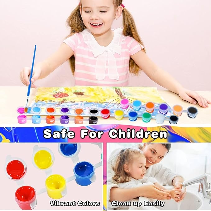 Mini Acrylic Paint Sets for Kids,12 PCS Paint Strips in 8 Colors with 12 Paintbrushes,Washable Watercolor Paint Set with 6 PCS Painting Canvas,Birthday Home Party Favors