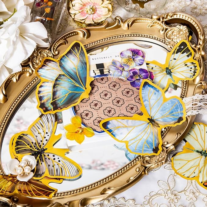 80-Piece Large Vintage Gold Foil Butterfly Scrapbook Sticker Pack - Transparent Waterproof Realistic Butterfly Stickers for Art Crafts, Journals, Planners, Scrapbooks, Laptops