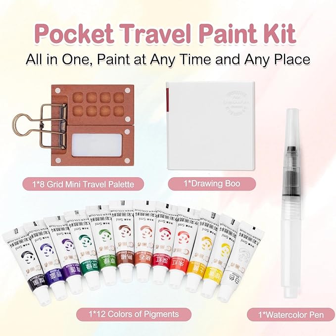 Mini Watercolor Paint Set, Tiny Mini Paint Palette Travel Kit, Portable Pocket Artist Water Color Travel Set with 12 Colours, Sketchbook, Watercolor Pens, 8 Grid Paint Box For Painters and Artists