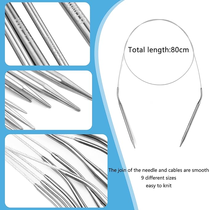 Circular Knitting Needles Set,9 Pack Round Long Smooth Stainless Steel Knitting Needles Kit (32 Inch/80cm),9 Sizes from 2mm-6mm,with Small Tools for Beginners,Making Sweater,Scarf,Blanket