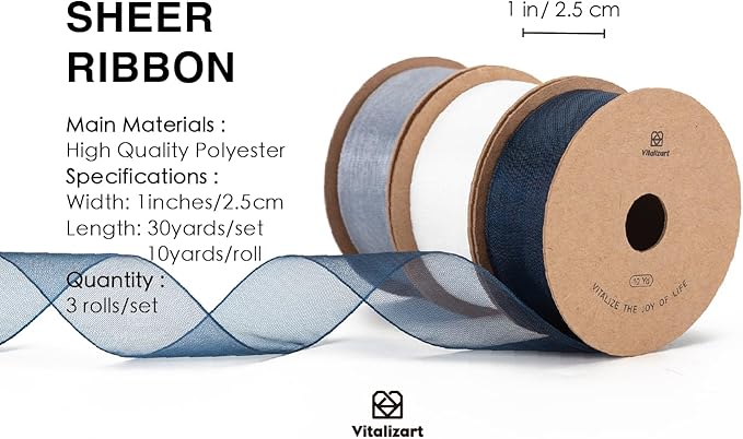 Vitalizart Blue & White Organza Sheer Ribbon 1 inch x 30 Yd Handmade Fabric Ribbons for Gift Wrapping Christmas Tree Crafts Bows Wedding Invitations Wreaths Wrap