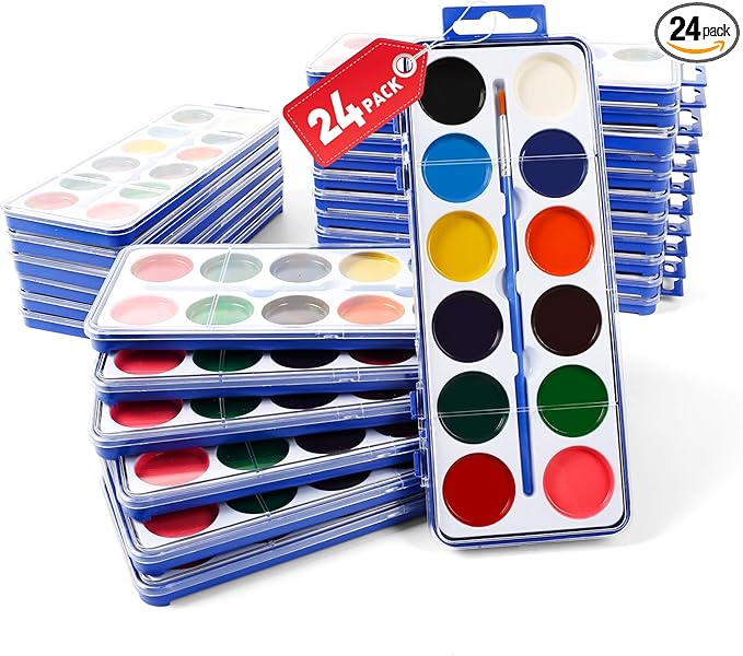 24 Pack Watercolor Paint Set Kids, 12 Colors Water color paint sets for kids with Paint Brush, Kids Watercolors Paint Set for Party Favor, Classroom.