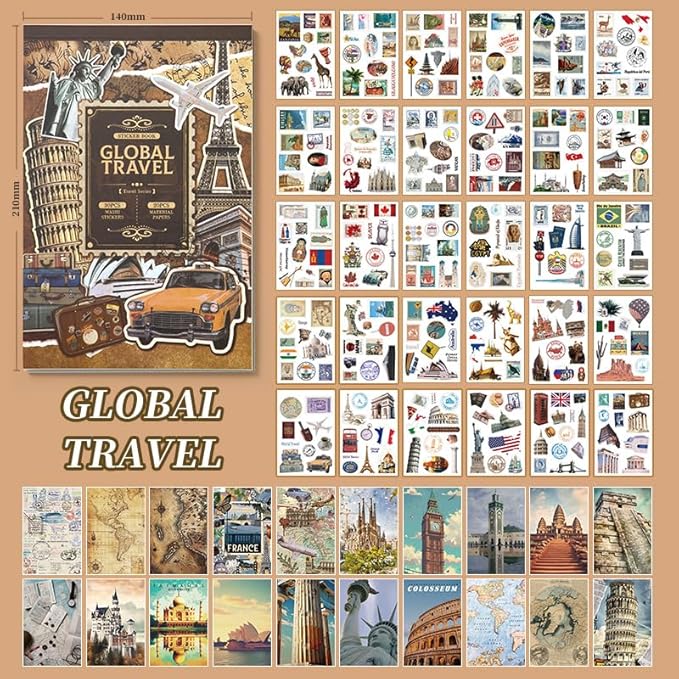 Vintage Aesthetic Washi Stickers and Papers for Scrapbooking, 50 Sheets Ephemera Book for Art Journaling with Retro Global Travel Theme Stickers and Decoupage Papers for Junk Journal