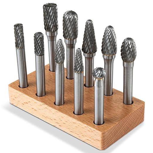 10Pcs Carbide Burr Set 1/4" Shank Die Grinder Bits Double Cut Carbide Rotary Burr Set Rotary Tool Accessories for Metal Wood Stone Steel Grinding Deburring Cutting Carving Engraving Drilling Porting