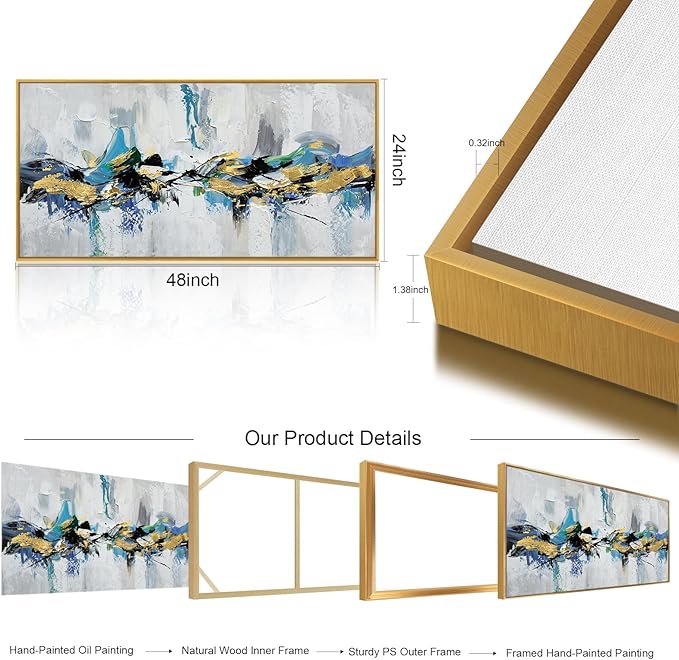 Large 100% Hand Painted Oil Painting 3D Texture Framed Canvas Wall Art White Black Blue Green Home Decor Abstract Gold Leaf Wall Painting for Living Room Bedroom Office 48x24in