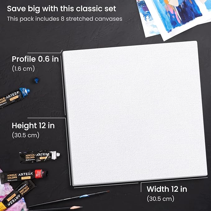 ARTEZA Stretched Canvas, 12 x 12 Inches, Pack of 8, Blank White Square Canvas for Painting for Acrylic, Oil and Gouache Paints