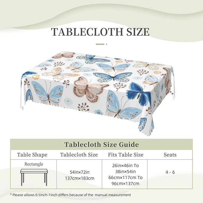 Blue Beige Butterfly Rectangle Tablecloth Flower Leaves Vividly Watercolor Table Cloth Dining Table Cover for Home Kitchen Restaurant Party Buffet Picnic 54 x 72 Inch