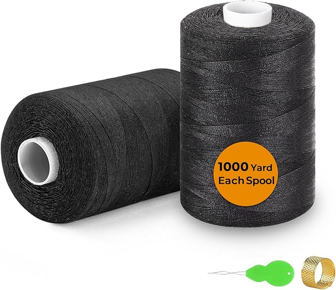 ilauke 2 Black Sewing Thread - Spools of 1000 Yard Black Polyester,All Purpose Thread for Hand Quilting and Sewing Machine,Hand Stitching,Embroidery