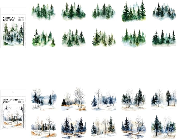120 Pieces Botanical Tree-Themed PET Sticker, Pine Tree Forest Scenery Aesthetic Stickers for Scrapbooking, Journaling, Creative Journal Supplies and DIY Crafts
