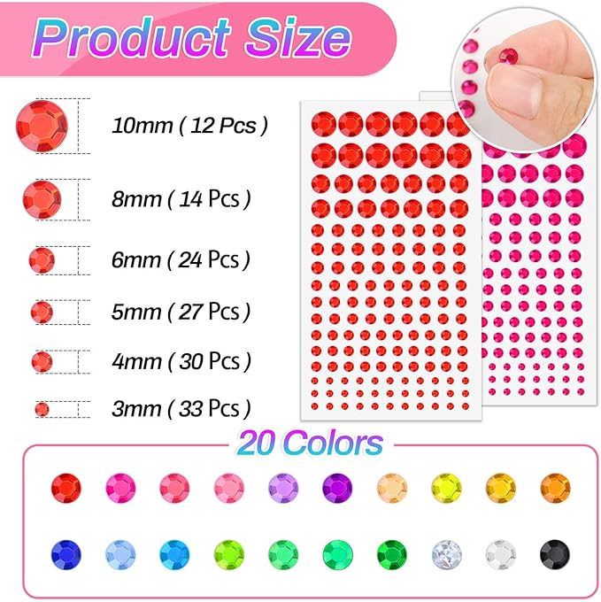 2800 Pcs Self Adhesive face Rhinestones gems Stickers in 20 Colors, 6 Sizes Stick on Jewels for Body, Face, Hair and Craft DIY Decorations(3/4/5/6/8/10mm)