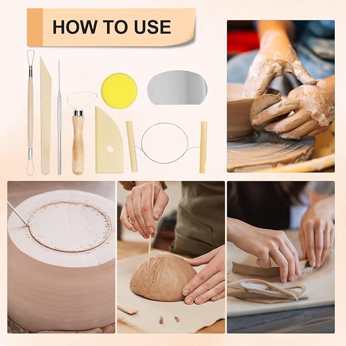 eZAKKA 8 Pcs Pottery & Clay Sculpting Tools, Double-Sided, Ceramics Tools Smooth Wooden Handles for Trimming, Embossing Pattern