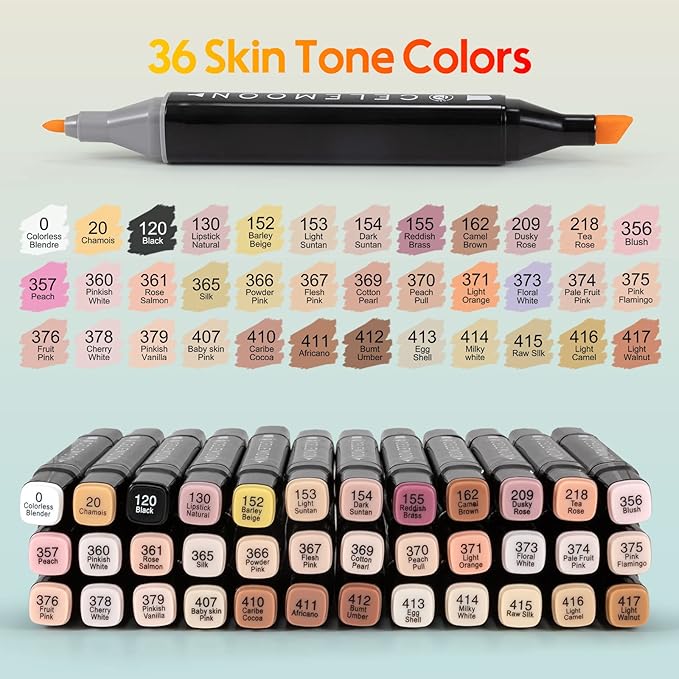 CeleMoon 36 Skin Tone Colors Dual Tip Alcohol Markers Pens, Fine and Broad Chisel, Sketch Art Marker, Permanent for Coloring, Drawing, Portrait Illustration, Mid-tone Skin Tone and Hair Shades
