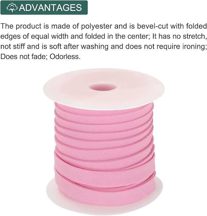 MECCANIXITY 1/2 Inch Double Fold Bias Tape Polyester Continuous Bulk Bias Tape for Sewing,Seaming Quilting Hemming Binding Crafts (Pink 25 Yards)