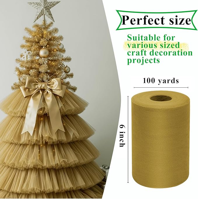 Mustard Gold Tulle Fabric Rolls 6 Inch by 100 Yards (300 feet) Fabric Spool Tulle Ribbon for Christmas Decorations Tutu Bow Baby Shower Birthday Party Wedding DIY Craft Supplies