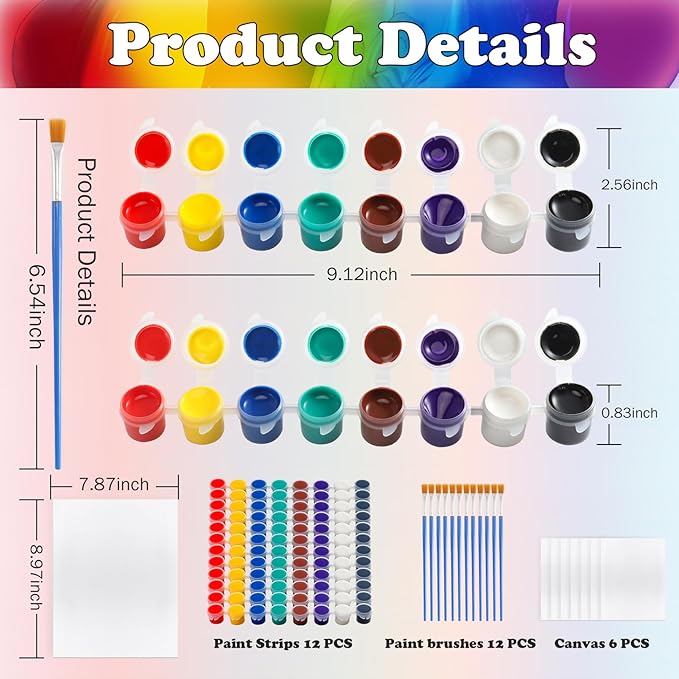 Mini Acrylic Paint Sets for Kids,12 PCS Paint Strips in 8 Colors with 12 Paintbrushes,Washable Watercolor Paint Set with 6 PCS Painting Canvas,Birthday Home Party Favors