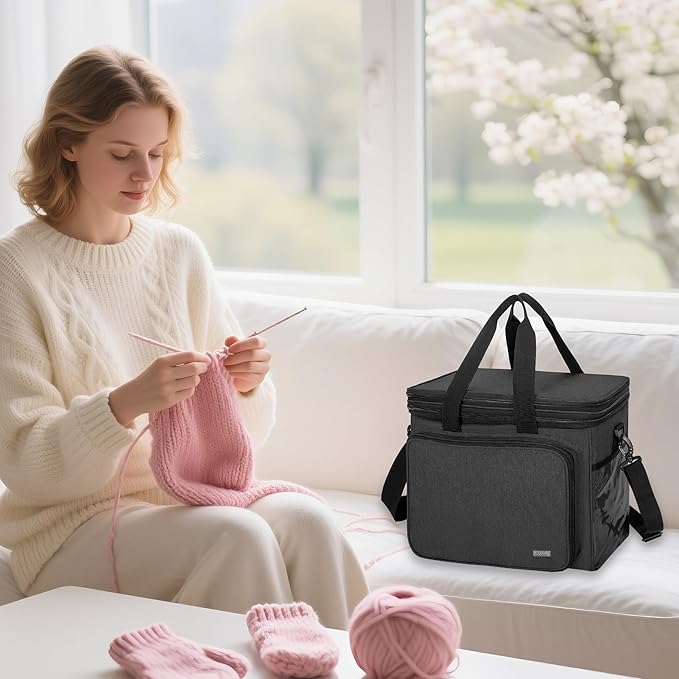 Teamoy Knitting Bag With Divider and Cover, Portable Yarn Storage Organizer for Crochet Accessories and Knitting Needles,Ideal for Knitting Enthusiasts, Black