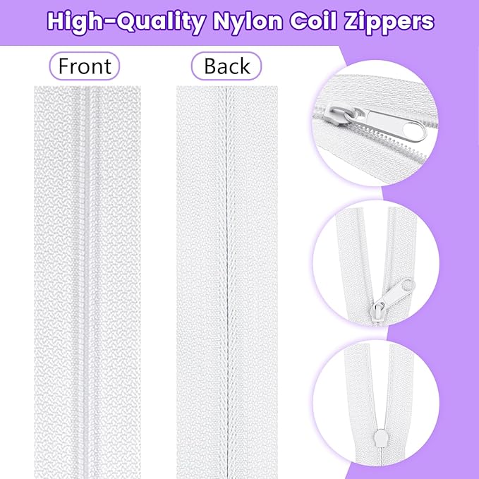 DOITEM 15.3 Yards/ 14 m 5 Pieces Assorted Colors #3 Nylon Coil Zippers, Sewing Zippers Endless Zips with 20 Pieces Zipper Sliders Zip Heads for DIY Sewing Tailor Craft Supplies (Purple Blue White)