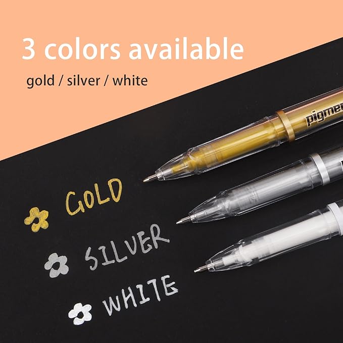 Gold Silver White Ink Gel Pens, 1mm Medium Fine Point, Opaque archival Ink Pen for Dark Paper Drawing,Sketching, Illustration, Card Making, Bullet Journaling (White Ink - 6 Packs)