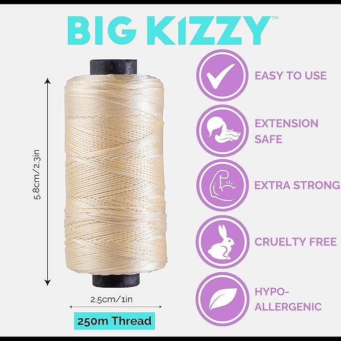Big Kizzy Blonde 250m Nylon Thread for Hair Extensions, Sew in Human Hair Weft and Wigs - Non-Slip and Comfortable Hold for Hand and Machine Tied Weft