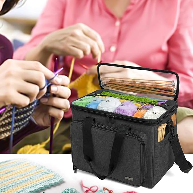 Teamoy Knitting Bag, Yarn Tote Organizer with Inner Divider (Sewn to Bottom) for Crochet Hooks, Knitting Needles(Up to 14”), Project and Supplies, Black -No Accessories Included
