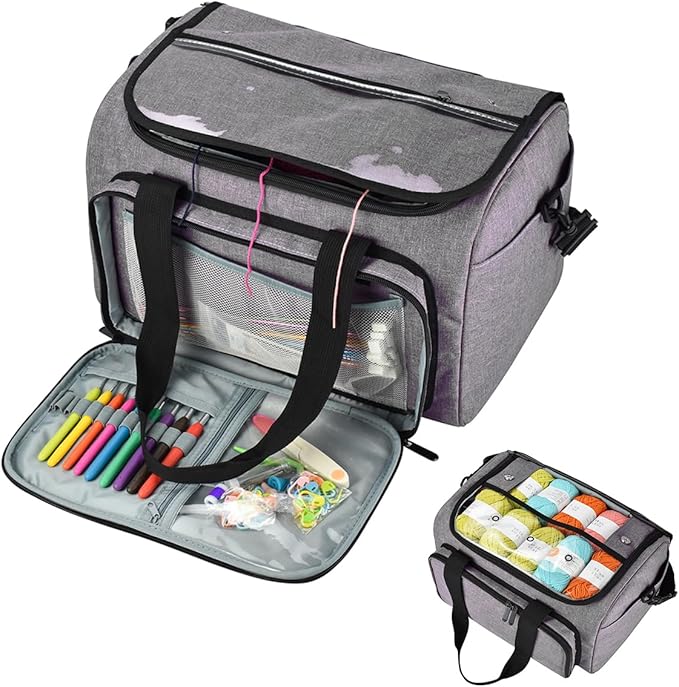 Weabetfu Large Crochet Bag Knitting Bags and Totes Organizer Huge Yarn Bag Storage for Crocheting Knitter,Crochet Hooks,Knitting Needles Kit,Supplies,Yarn - Ideal Crochet & Knitting Gift(Grey)