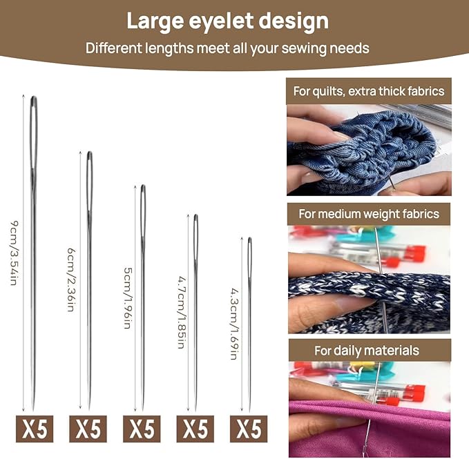 Vercleuim Steel Needles for Hand Sewing, with 25 Stainless Big Eye Steel Sewing Needles kit, 1 Seam Ripper for Sewing Thread, 2 Needle Threaders, 5 Threads, 2 Thimbles and DIY Crafting kit