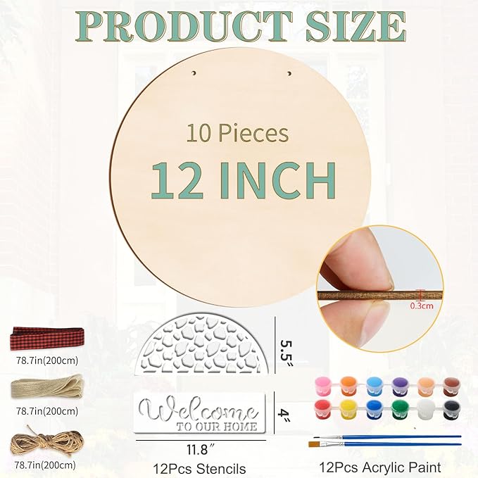 12 Inch Wood Circles for Crafts, 10Pcs Unfinished Wood Rounds with 12Pcs Welcome Stencils & 12Pcs Painting, DIY Wooden Crafts for Door Hanger, Wood Burning, Painting, Christmas Thanksgiving Day Decor