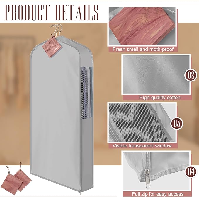 40" Short Cotton Garment Bag for Hanging and Storage Clothes with 4 Cedar Blocks for Fresh Smell, Breathable Hanging Bags for Closet Storage Fur Coat Suit Sweater Jackets, 6'' Wide, Gray