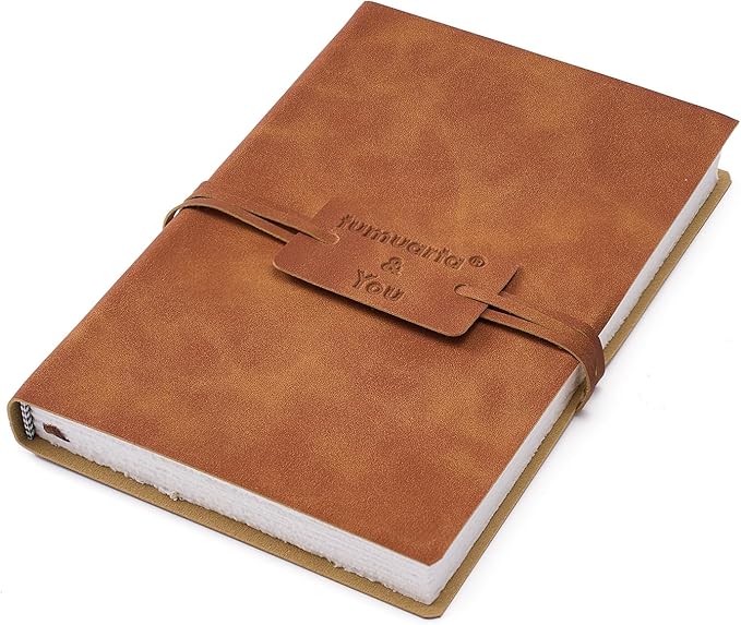 tumuarta Deckle Edge Watercolor Paper Sketchbook, 100% Cotton Vintage Leather Journal, 140 Lb, 300 GSM, 24 Sheets Handmade Diary for Mixed Media Techniques. (Brown, 6"x4")