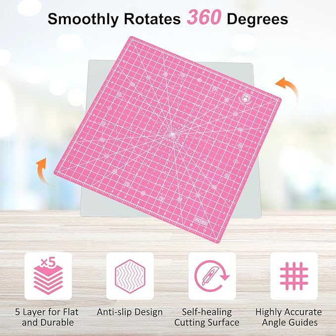 Headley Tools 12"x12" Rotating Cutting Mat, Self Healing Mat with 360-Degree Rotation & Anti-Slip Base, Sewing Board Cutting Mat Perfect for Fabric Quilting Leather Hobby Project，Pink