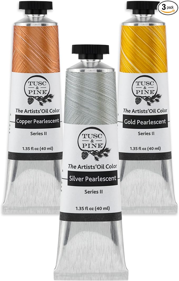Tusc & Pine Artist Oil Paint - 40 ml Set of 3 - Assorted Metallic Colors - Non-Yellowing, Creamy Consistency, Max Pigment Load, Small Batch Milled Oil Paints Developed for Professional Artists
