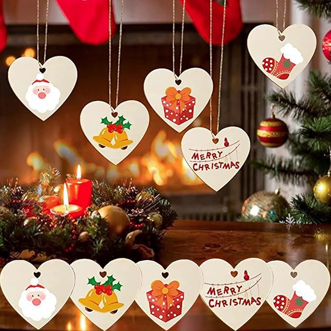 50 Pcs Wooden Ornaments, BetterJonny 3.15 * 2.56in Unfinished Natural Wood Slices with Holes Blank Wood Discs with 50pcs Jute Rope for DIY Christmas Decoration