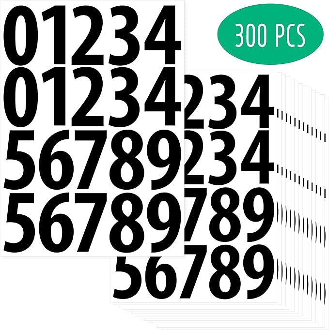 300 PCS Number Stickers, 3" Waterproof Vinyl Number Stickers Self-Adhesive Consecutive Number 0-9 Labels Without Residue Left for Office, Classroom, Indoor, Boxes, Storage (15 Sheets, Black)