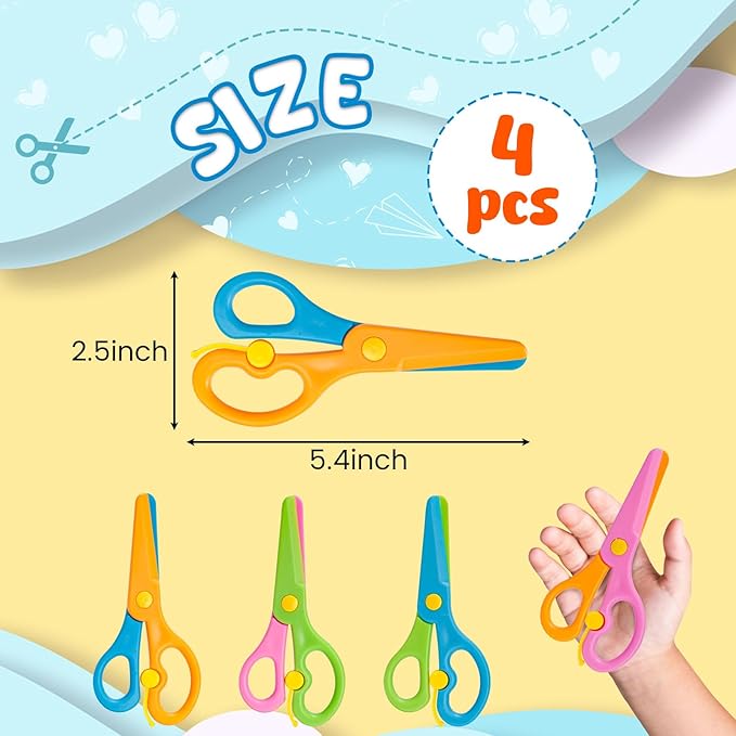LOVESTOWN Toddler Safety Scissors, 4 PCS Blunt Tip Scissor Preschool Training Art Supplies for Kids, Anti-Pinch Design, Child Hand Eye Coordination Development, Playdough Tools Crafts Essentials