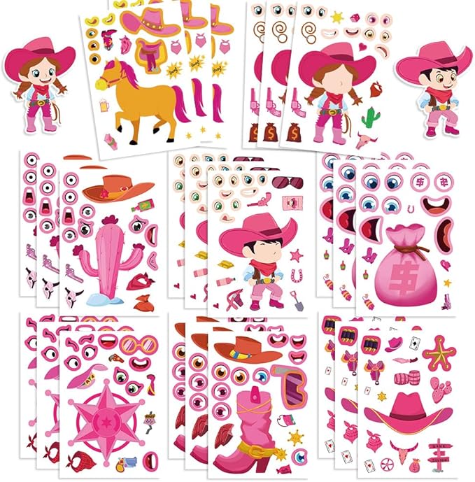 24 Sheets Pink Western Make-a-Face Stickers – DIY Cowboy & Cowgirl Character Collage Stickers for Scrapbooking Journaling Planner Decoration