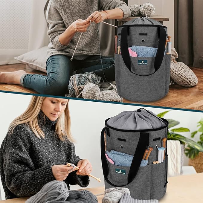PAVILIA Crochet Bag Knitting Bag Organizer, Yarn Bag Storage Tote for Crocheting On The Go, Knitting Accessories Supplies Holder with Grommets, Gift for Crochet Lovers Knitters (Charcoal Gray)