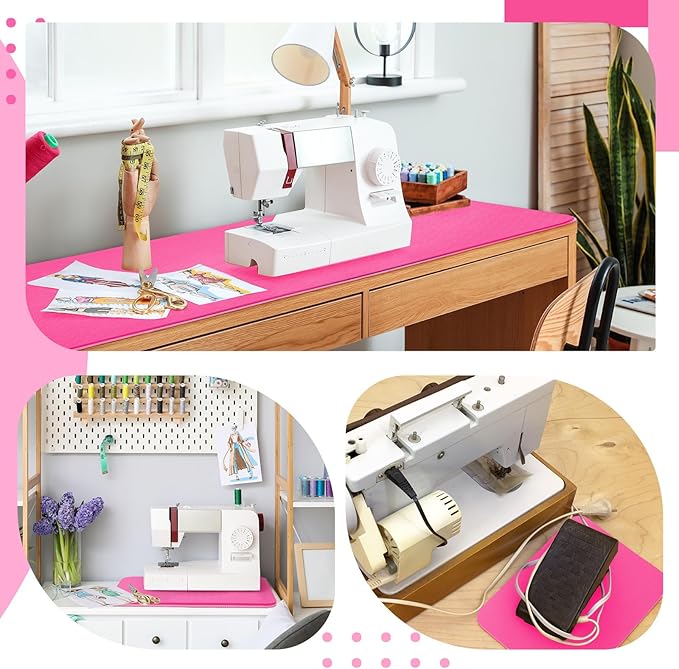 3 Pcs Sewing Machine Muffling Mat Pedal Mat Sewing Machine Pad No Slip Rubber Stay in Place Mats for Calms Vibration(Pink,15 x 20 Inch,14 x 9 Inch,17 x 36 Inch)