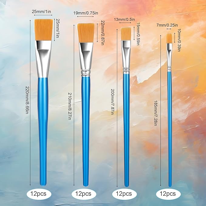 48 Pcs Paint Brush Set Bulk Acrylic Brush Wood Paint for Detail Art Crafts Artist Adult Watercolor Oil Face Body(1, 0.75, 0.5, 0.25 Inch, Flat Style)