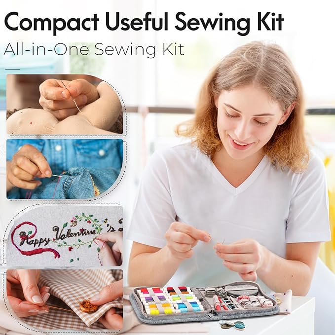 Coquimbo Sewing Kit for Adults, Kids, Beginner, Traveler, Portable Sewing Supplies Contains Soft Tape Measure, Scissors, Thimble, Thread, Sewing Needles (Gray, M)