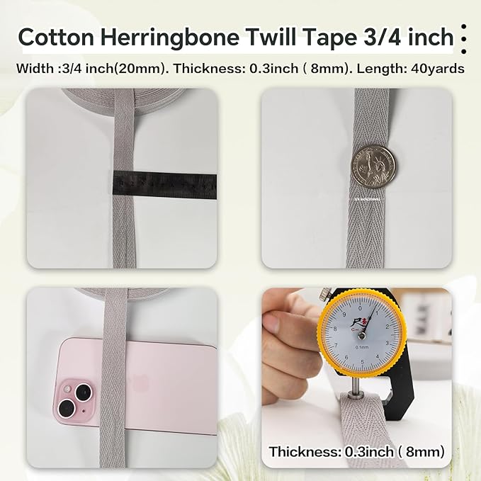 40 Yards Herringbone Twill Tape for Sewing,Lt Gray Pet Collar,Gift Wrapping Home Deco -3/4 inch Cotton Webbing Straps-Natural Bias Binding Tape for Handles, Crafting & DIY Projects