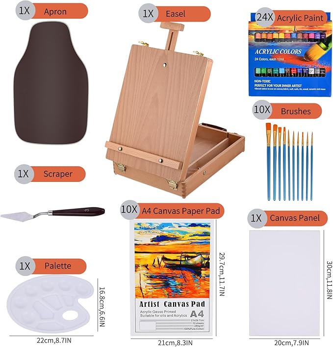 Tabletop Easel Acrylic Paint Set, 40 Pack Painting Kits for Adults, Painting Supplies with 24 Acrylic Paints, 10 Brushes, Art Easel, Paint Palette, Canvas, Paint Set Gifts for Students Artist Beginner