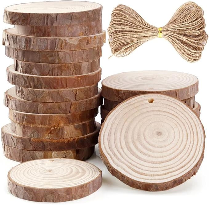 20pcs Wood Slices, BetterJonny 3.1-3.5 inch Undrilled Wooden Circles Predrilled with Hole Natural Wood Ornaments with 10 Meters Jute Rope for Arts DIY Craft