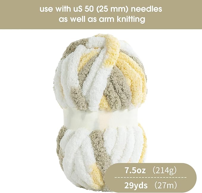 HOMBYS 8 Pack Giant Chunky Yarn for Crocheting,Super Bulky Large Soft Fluffy Yarn,Tie Dye Plush Fuzzy Yarn,Mixed Color Thick Chenille Yarn for Hand Knitting/Arm Knitting (White,Yellow,Brown)