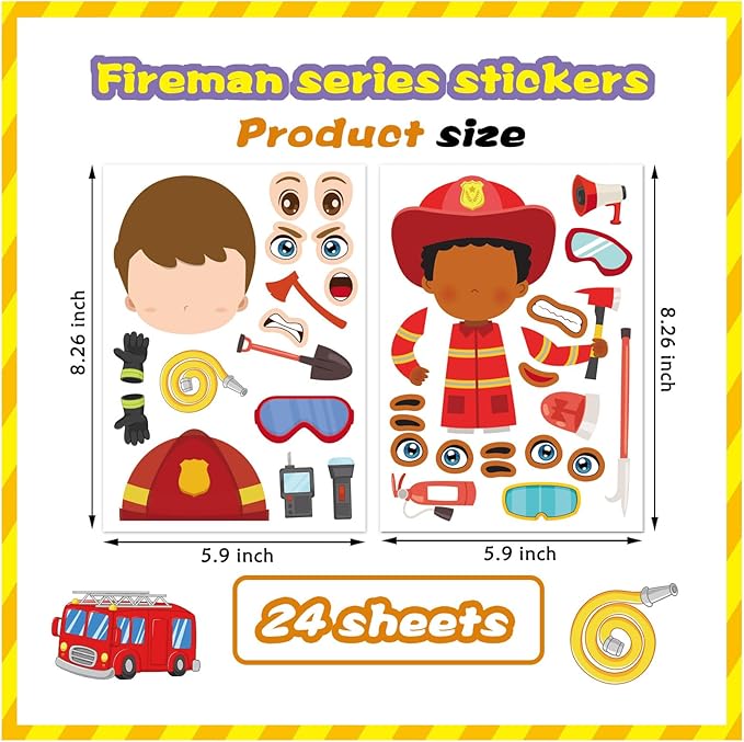 24 Sheets Firefighter Stickers for Kids, Make-a-face Fireman Stickers Sheets, Fireman Themed Sticker Party Favor Supplies Craft School Fire Education Teacher Reward
