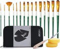 18 Piece Paint Brush Set, ARTIFY 15 Acrylic Paint Brushes, Palette Knife, and 2 Sponges, Professional Artist Paint Brushes for Acrylics, Watercolors, Gouache, Canvas, and Face Painting, Green