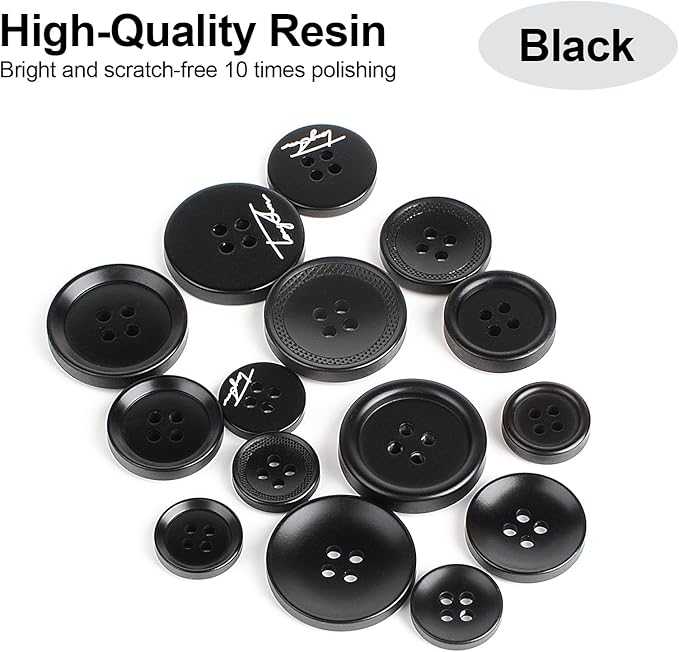 110Pcs Black Mixed Sewing Buttons, 4-Hole Craft Round Blazer Buttons, 5 Color 3 Size (15mm, 20mm, 25mm) Suit Coats Resin Button, Suitable for Variety Clothing Sewing, DIY Craft (Black)
